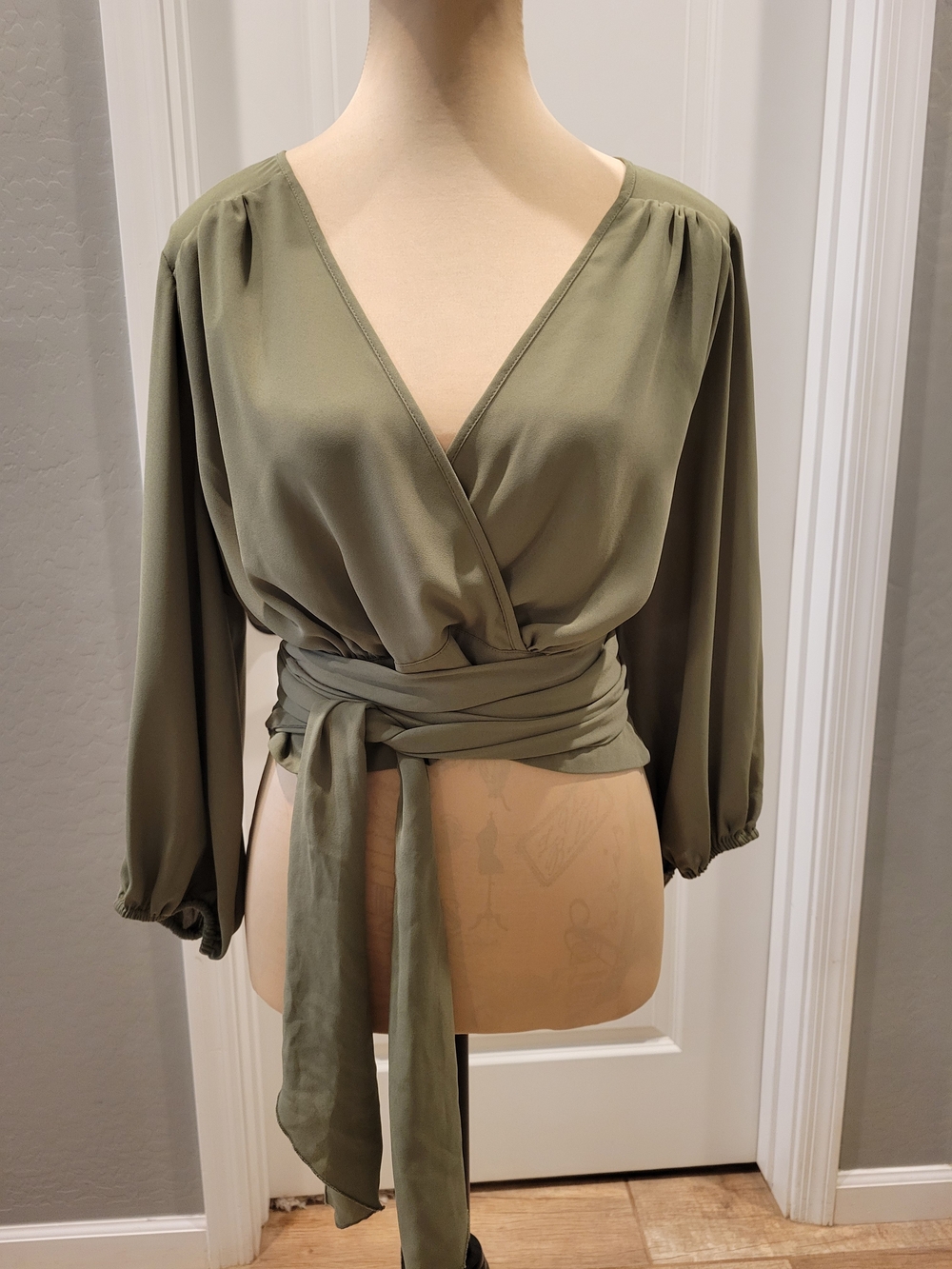 Surplice Tie-Waist Blouse in Olive Green